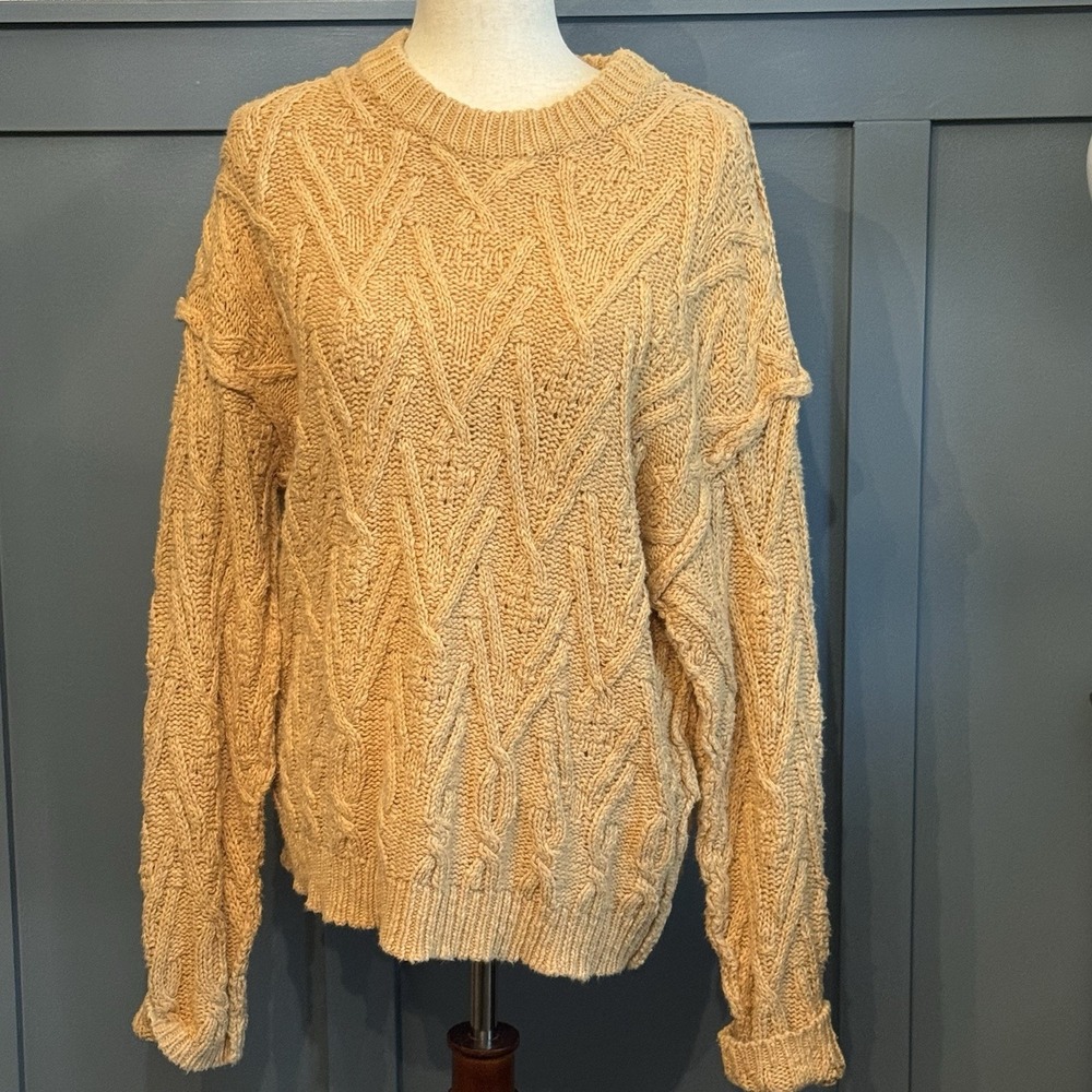 FREE PEOPLE Frankie Cableknit Fisherman's Sweater Women's Small Tan Chunky
